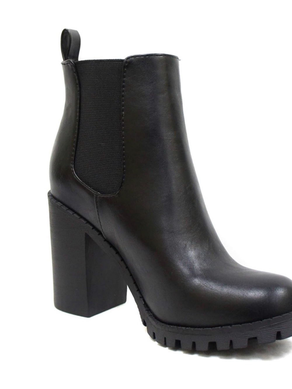 Soda Black Leather-Look Chelsea Lug Heel Ankle Boots